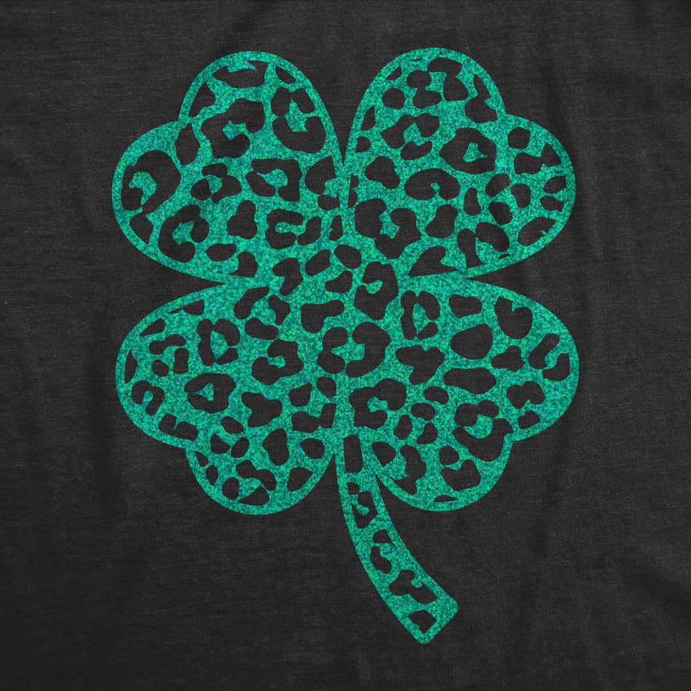 Womens Leopard Print Clover T Shirt Funny Cute Green Glitter St Paddys Day Shamrock Tee For Ladies Image 2