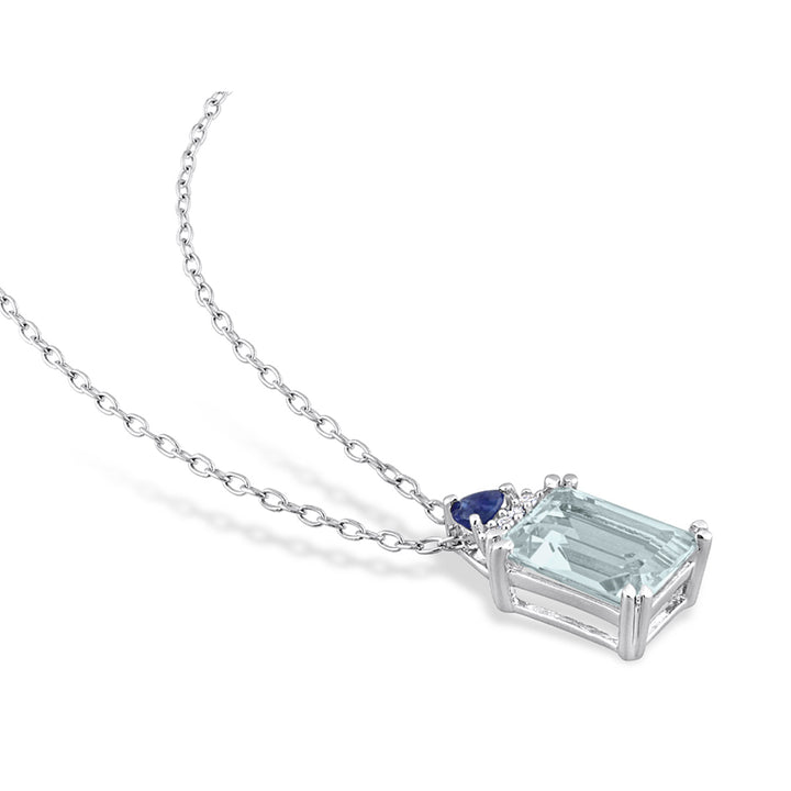 2.00 Carat (ctw) Aquamarine and Blue Sapphire Pendant Necklace in Sterling Silver with Chain Image 2