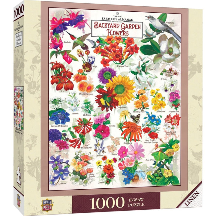 Farmers Almanac 1000 Piece Jigsaw Puzzle Backyard Garden Flowers Recycled Board Image 1