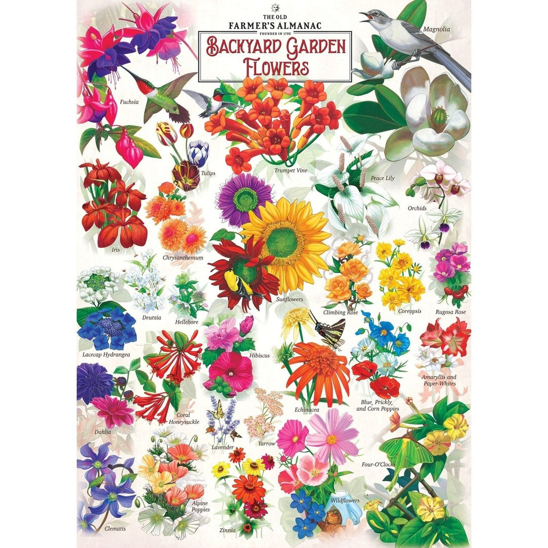 Farmers Almanac 1000 Piece Jigsaw Puzzle Backyard Garden Flowers Recycled Board Image 2