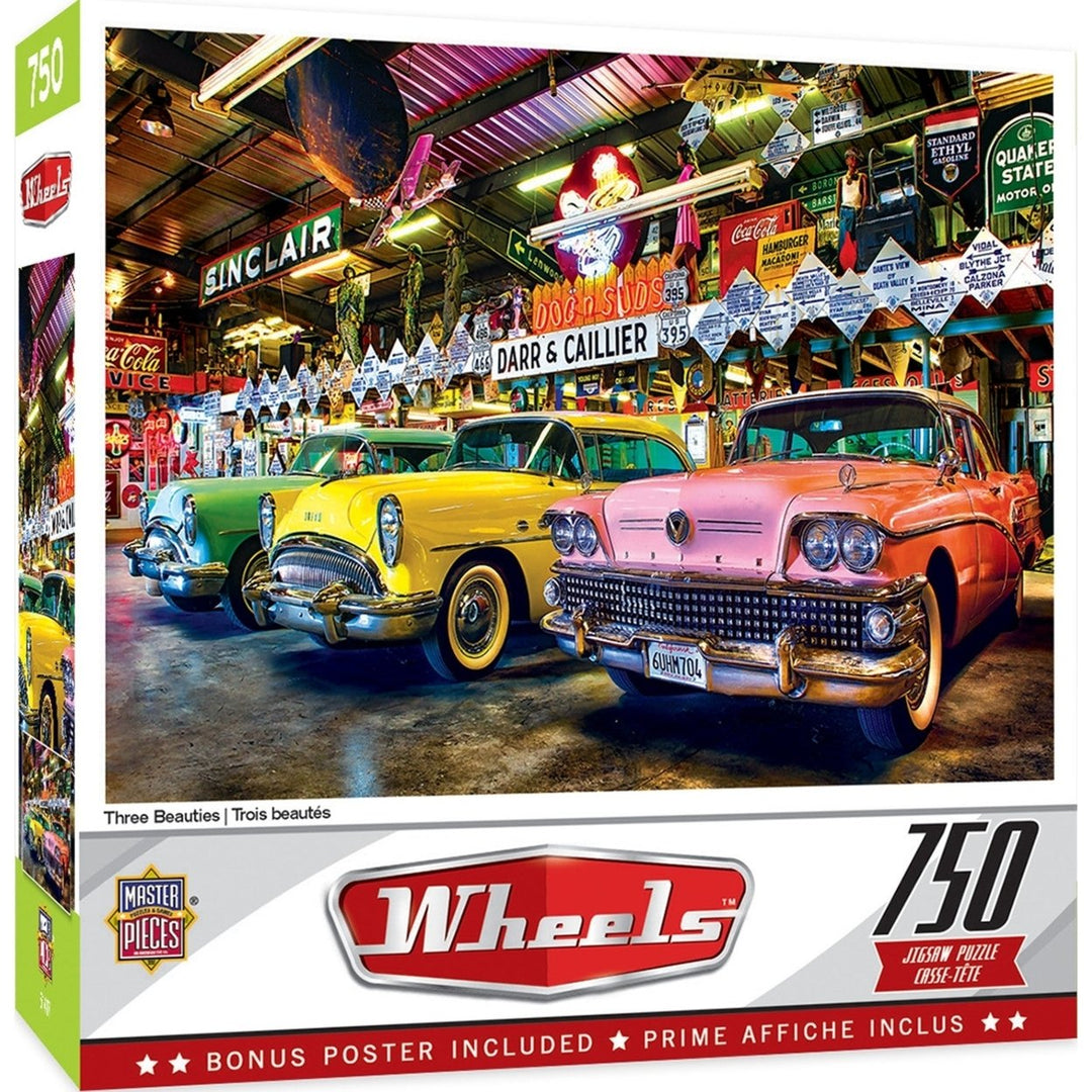 MasterPieces 750 Piece Wheels Jigsaw Puzzle Three Beauties Classic Cars Art Image 1