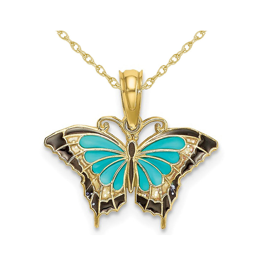 Aqua Butterfly Charm Pendant Necklace in 10K Yellow Gold with Chain Image 1