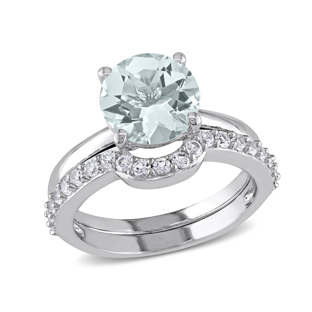 2.00 Carat (ctw) Aquamarine and Lab-Created White Sapphire with Diamonds Bridal Wedding Set Engagement Ring 10K White Image 1