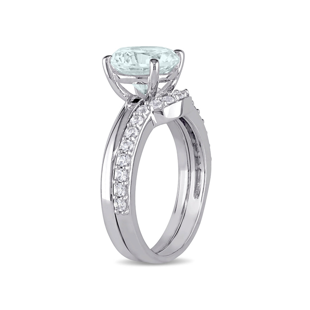 2.00 Carat (ctw) Aquamarine and Lab-Created White Sapphire with Diamonds Bridal Wedding Set Engagement Ring 10K White Image 3