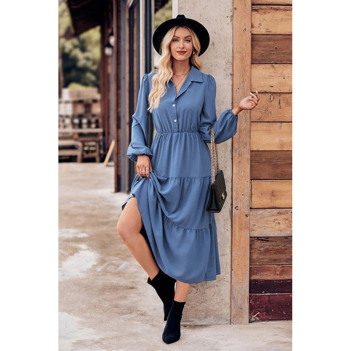 Collared Button Front Tiered Midi Dress Image 2