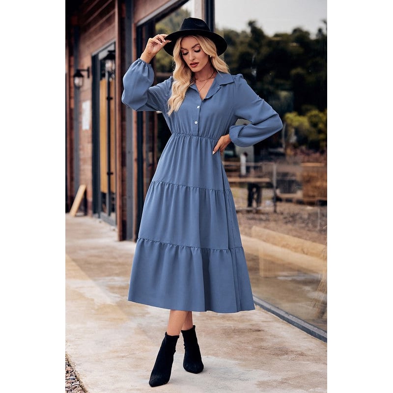 Collared Button Front Tiered Midi Dress Image 3