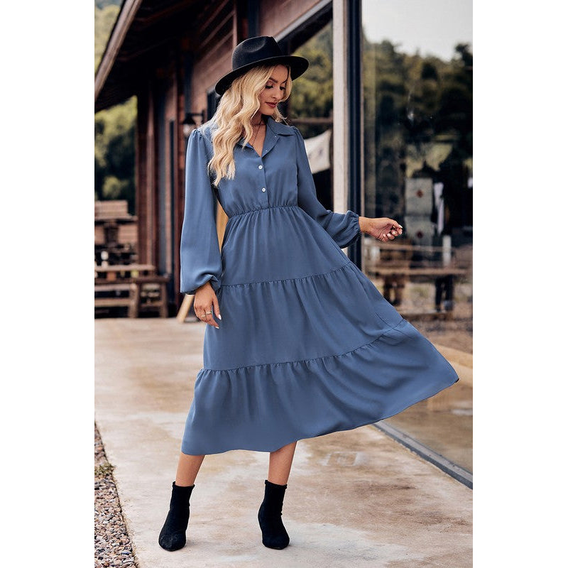 Collared Button Front Tiered Midi Dress Image 4