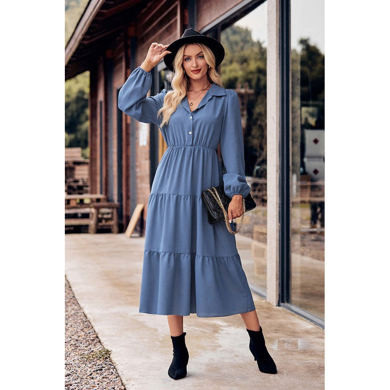 Collared Button Front Tiered Midi Dress Image 4