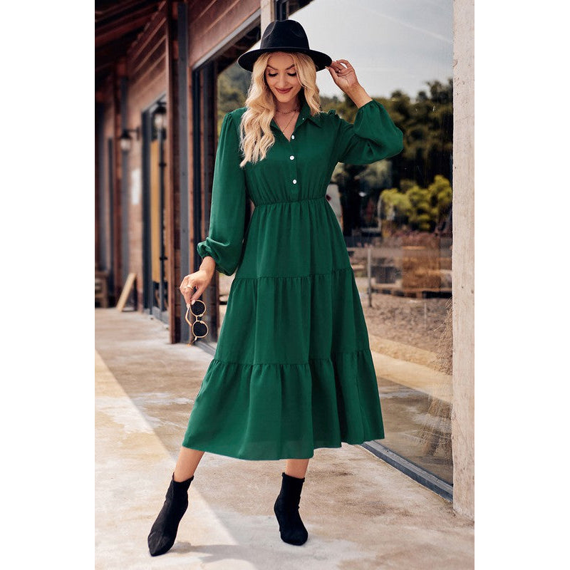 Collared Button Front Tiered Midi Dress Image 8