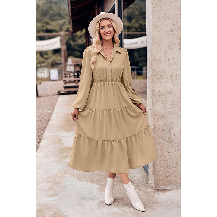 Collared Button Front Tiered Midi Dress Image 9