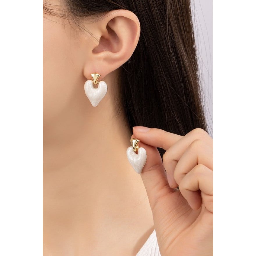 Cream Enamel Color Heart Drop Earrings Image 2