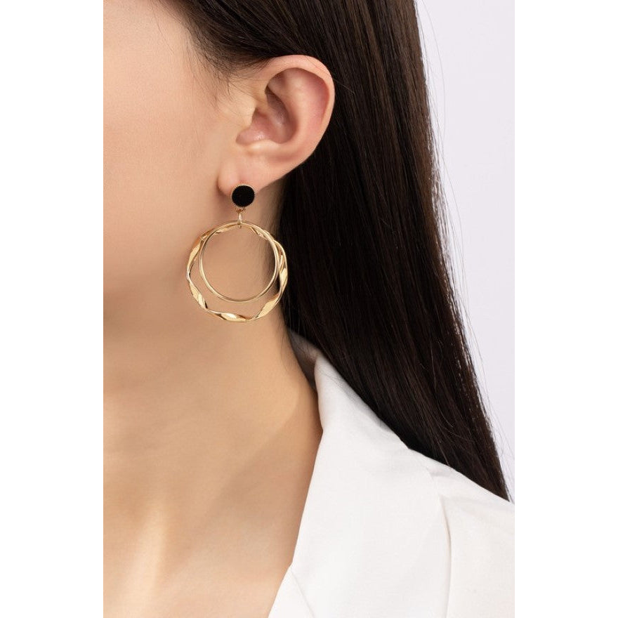 Black enamel stud with double twisted hoop drop earrings Image 2