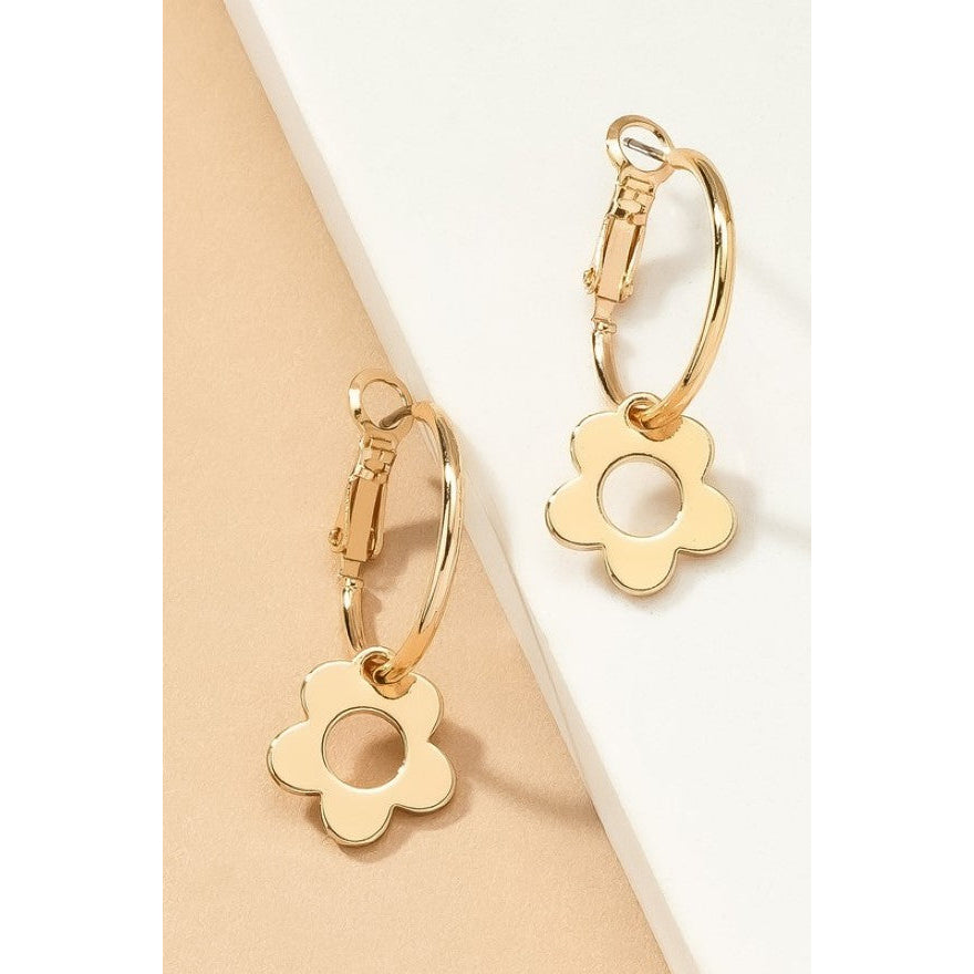 Brass hoop earrings with cutout flower drops Image 1