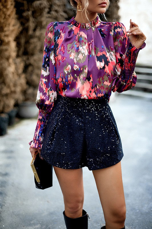 Artsy Floral Pleated Neck Blouse Image 2