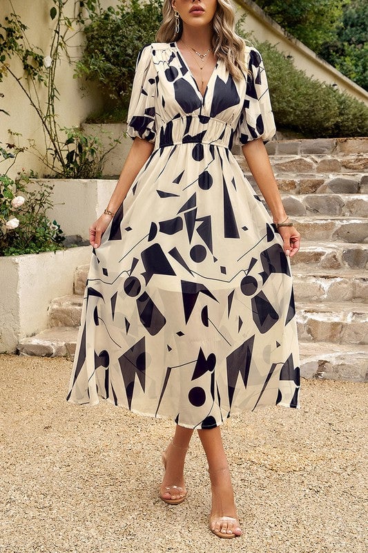 Bold Prints Puffy Sleeves Midi Dress Image 1