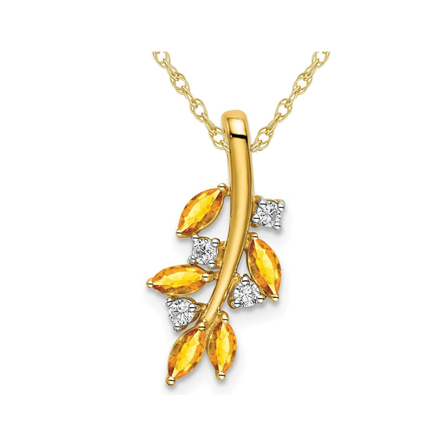 7/10 Carat (ctw) Citrine Leaf Branch Charm Pendant Necklace in 14K Yellow Gold with Diamonds and Chain Image 1