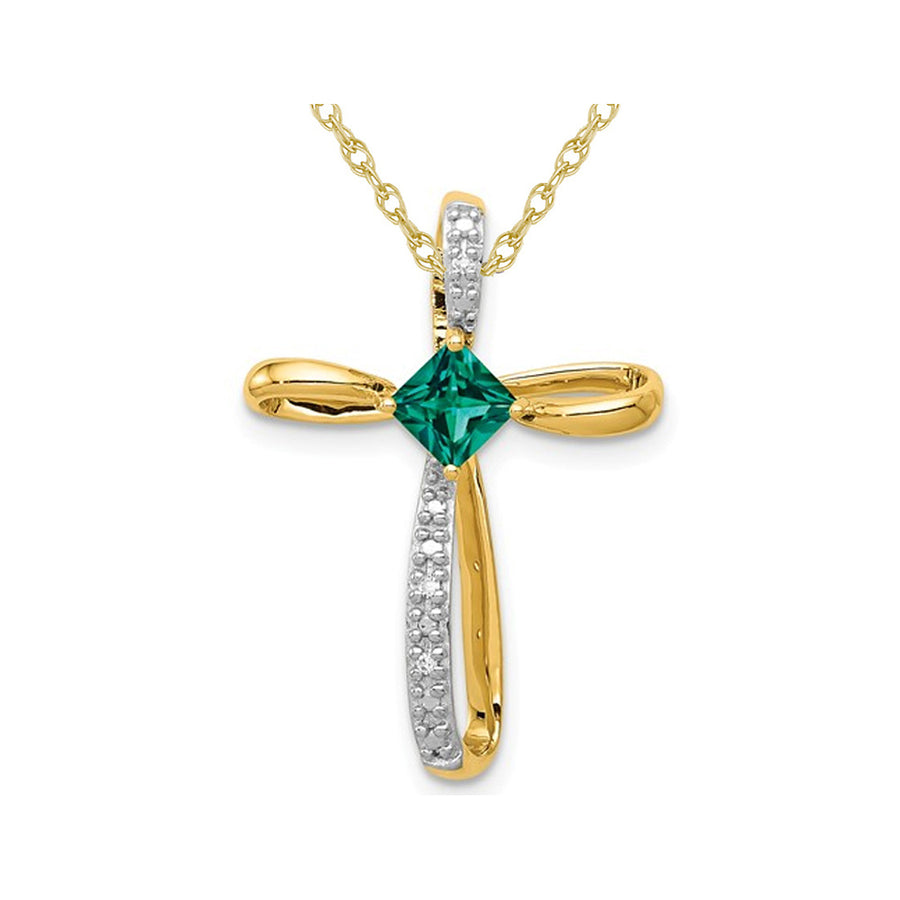 1/4 Carat (ctw) Lab Created Emerald Cross Pendant Necklace 14K Yellow Gold with Chain Image 1