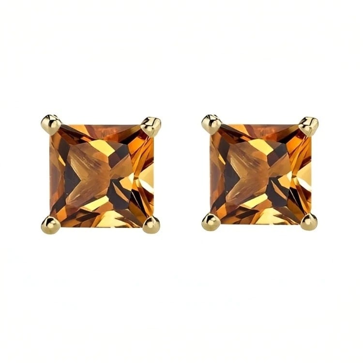 Paris Jewelry 18k Yellow Gold 2 Pair Created Citrine 4mm 6mm Round and Princess Cut Stud Earrings Plated Image 3