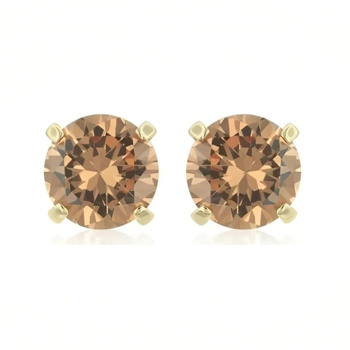 Paris Jewelry 18k Yellow Gold 2 Pair Created Champagne 4mm 6mm Round and Princess Cut Stud Earrings Plated Image 2