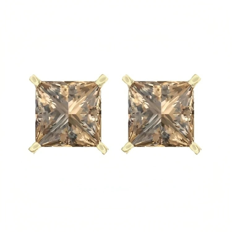 Paris Jewelry 18k Yellow Gold 2 Pair Created Champagne 4mm 6mm Round and Princess Cut Stud Earrings Plated Image 3