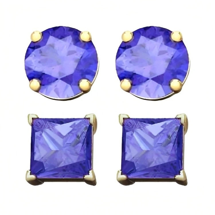 Paris Jewelry 18k Yellow Gold 2 Pair Created Tanzanite 4mm 6mm Round and Princess Cut Stud Earrings Plated Image 1