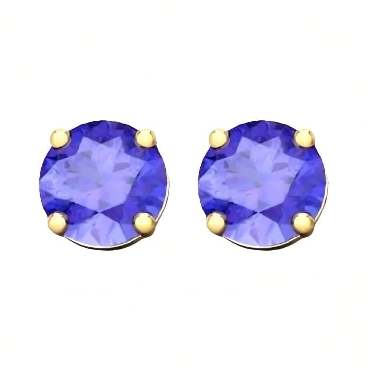 Paris Jewelry 18k Yellow Gold 2 Pair Created Tanzanite 4mm 6mm Round and Princess Cut Stud Earrings Plated Image 2