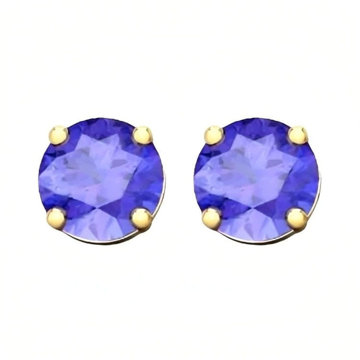 Paris Jewelry 18k Yellow Gold 2 Pair Created Tanzanite 4mm 6mm Round and Princess Cut Stud Earrings Plated Image 2