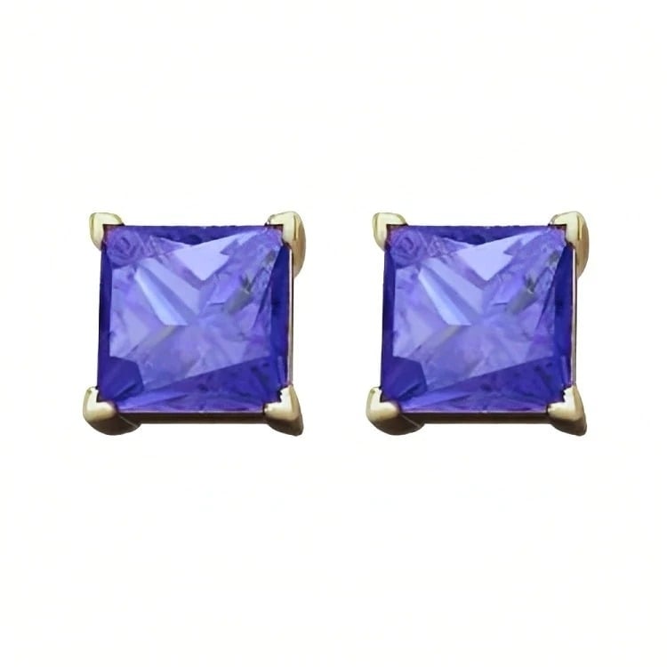 Paris Jewelry 18k Yellow Gold 2 Pair Created Tanzanite 4mm 6mm Round and Princess Cut Stud Earrings Plated Image 3