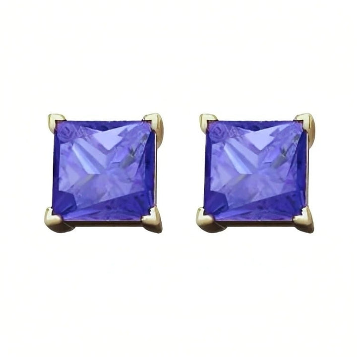 Paris Jewelry 18k Yellow Gold 2 Pair Created Tanzanite 4mm 6mm Round and Princess Cut Stud Earrings Plated Image 3