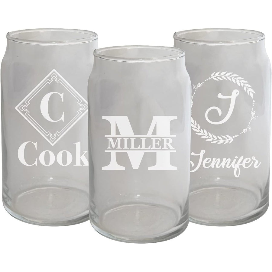 Customizable Monogram 16 oz Engraved Glass Beer Can - Personalized with Monogram and Name 16oz Can Shaped Glass Cups Image 1