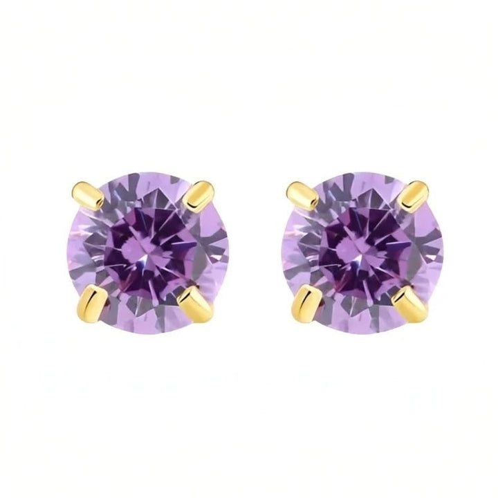 Paris Jewelry 18k Yellow Gold 2 Pair Created Amethyst 4mm 6mm Round and Princess Cut Stud Earrings Plated Image 2