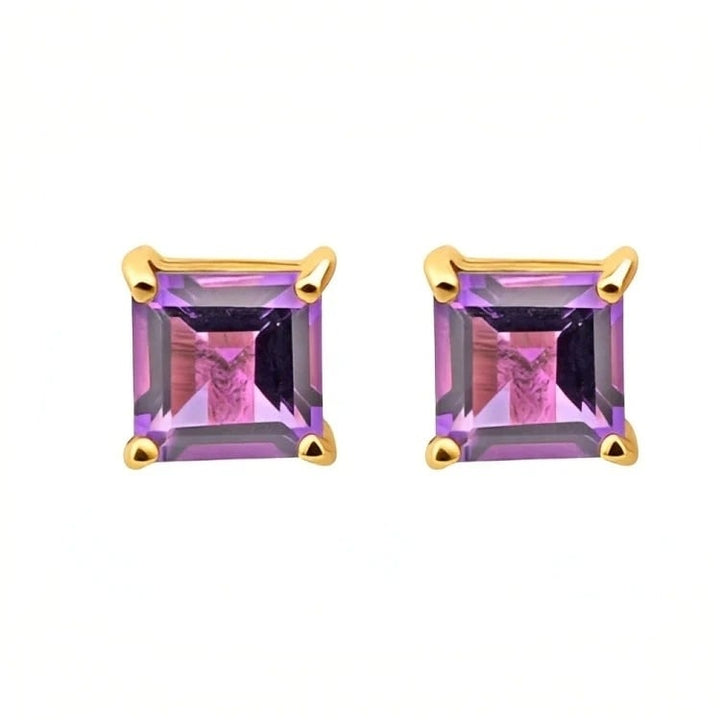 Paris Jewelry 18k Yellow Gold 2 Pair Created Amethyst 4mm 6mm Round and Princess Cut Stud Earrings Plated Image 3