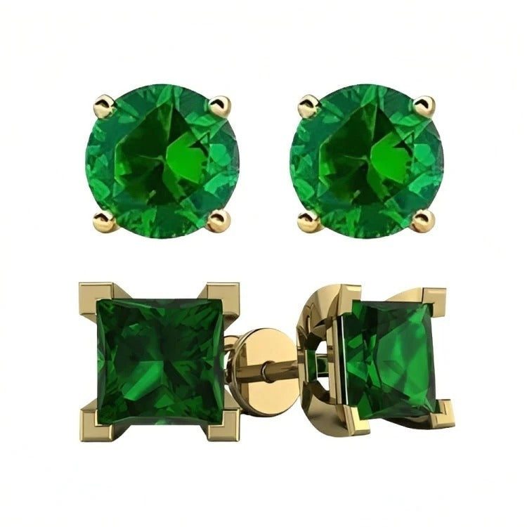 Paris Jewelry 18k Yellow Gold 2 Pair Created Emerald 4mm 6mm Round and Princess Cut Stud Earrings Plated Image 1