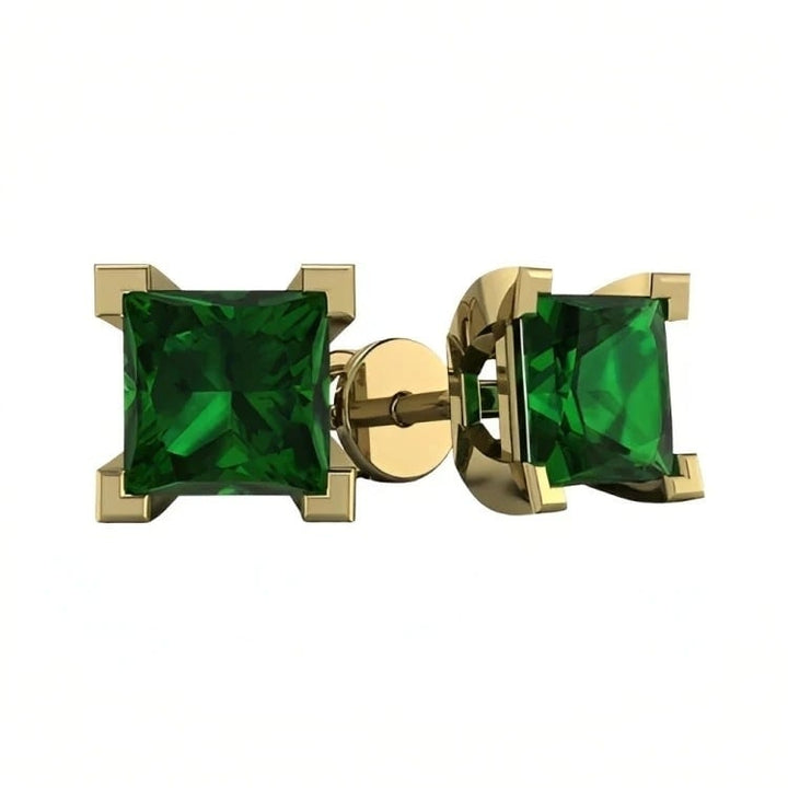 Paris Jewelry 18k Yellow Gold 2 Pair Created Emerald 4mm 6mm Round and Princess Cut Stud Earrings Plated Image 3