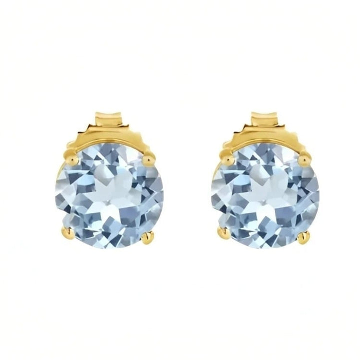 Paris Jewelry 18k Yellow Gold 2 Pair Created Aquamarine 4mm 6mm Round and Princess Cut Stud Earrings Plated Image 2