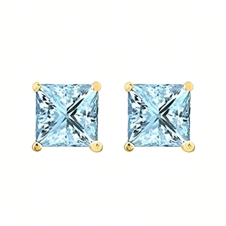 Paris Jewelry 18k Yellow Gold 2 Pair Created Aquamarine 4mm 6mm Round and Princess Cut Stud Earrings Plated Image 3