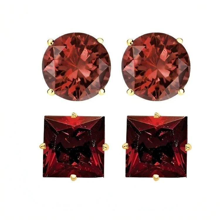 Paris Jewelry 18k Yellow Gold 2 Pair Created Garnet 4mm 6mm Round and Princess Cut Stud Earrings Plated Image 1