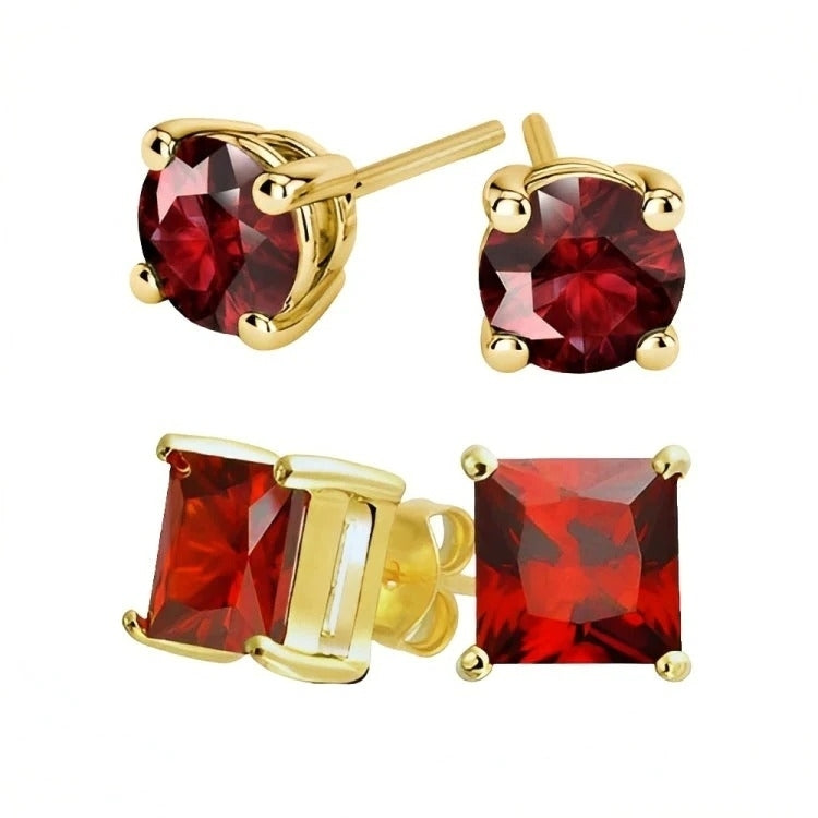 Paris Jewelry 18k Yellow Gold 2 Pair Created Ruby 4mm 6mm Round and Princess Cut Stud Earrings Plated Image 1