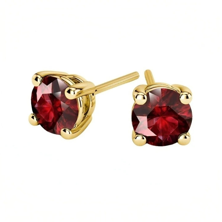 Paris Jewelry 18k Yellow Gold 2 Pair Created Ruby 4mm 6mm Round and Princess Cut Stud Earrings Plated Image 2