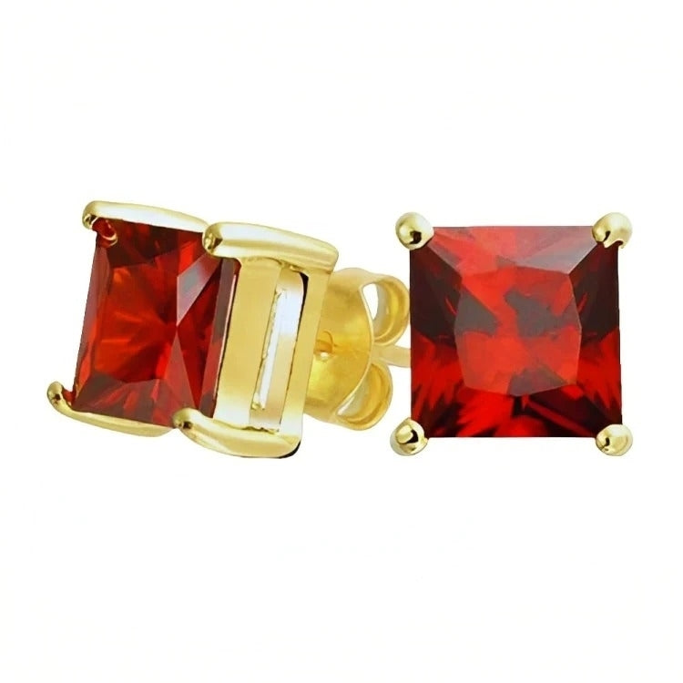 Paris Jewelry 18k Yellow Gold 2 Pair Created Ruby 4mm 6mm Round and Princess Cut Stud Earrings Plated Image 3