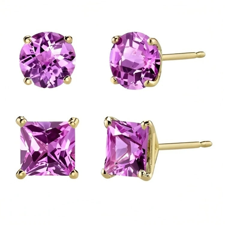 Paris Jewelry 18k Yellow Gold 2 Pair Created Pink Sapphire 4mm 6mm Round and Princess Cut Stud Earrings Plated Image 1