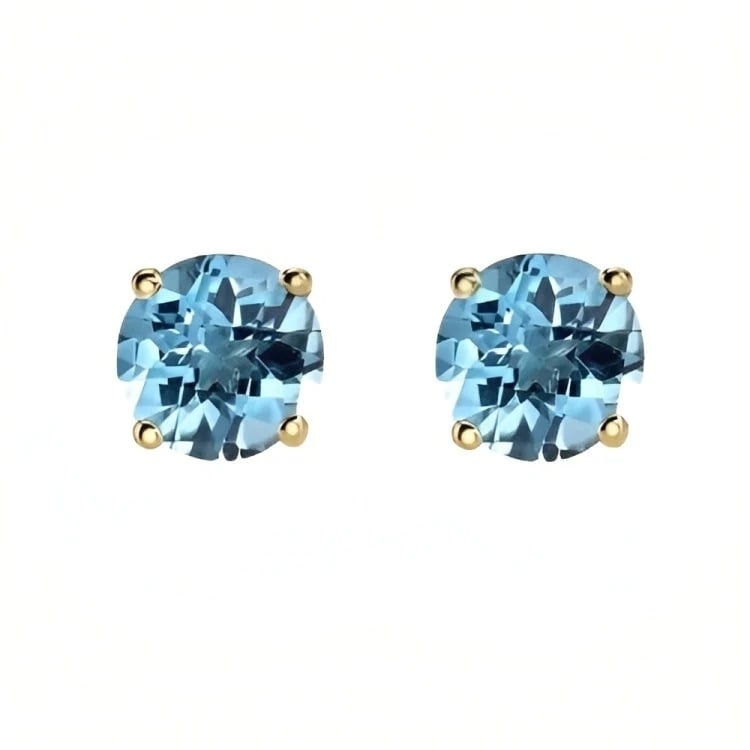 Paris Jewelry 18k Yellow Gold 2 Pair Created Blue Topaz 4mm 6mm Round and Princess Cut Stud Earrings Plated Image 2