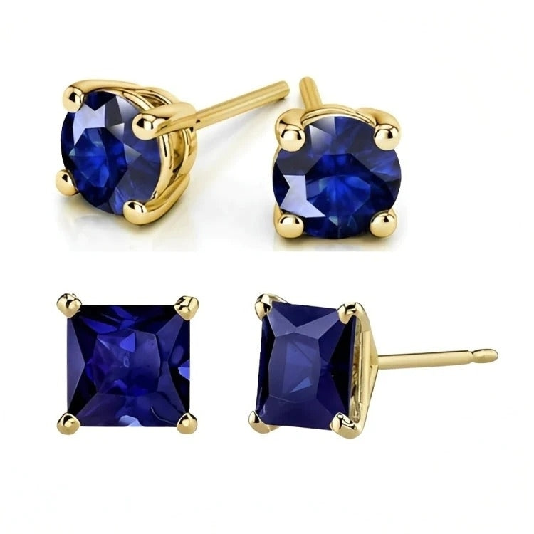 Paris Jewelry 18k Yellow Gold 2 Pair Created Blue Sapphire 4mm 6mm Round and Princess Cut Stud Earrings Plated Image 1