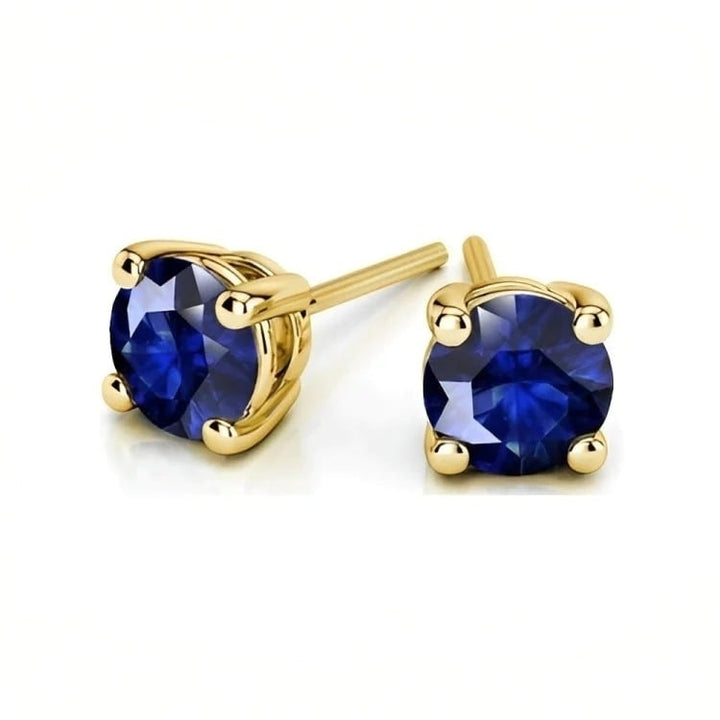 Paris Jewelry 18k Yellow Gold 2 Pair Created Blue Sapphire 4mm 6mm Round and Princess Cut Stud Earrings Plated Image 2