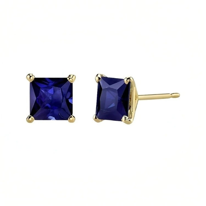 Paris Jewelry 18k Yellow Gold 2 Pair Created Blue Sapphire 4mm 6mm Round and Princess Cut Stud Earrings Plated Image 3