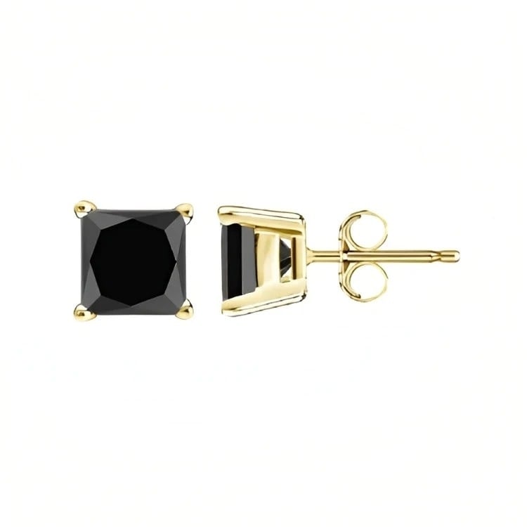 Paris Jewelry 18k Yellow Gold 2 Pair Created Black Sapphire 4mm 6mm Round and Princess Cut Stud Earrings Plated Image 3