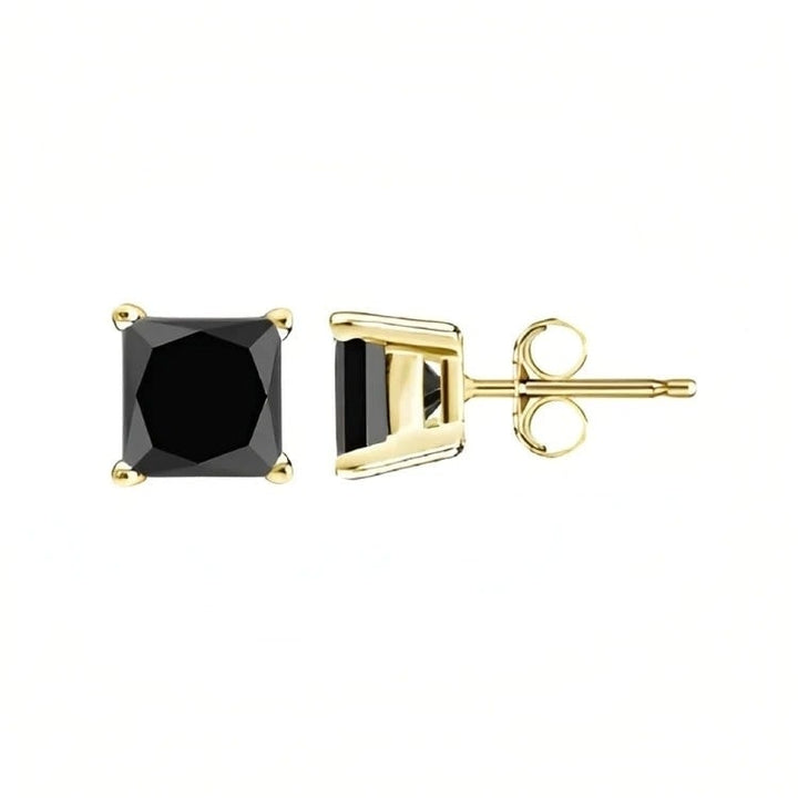 Paris Jewelry 18k Yellow Gold 2 Pair Created Black Sapphire 4mm 6mm Round and Princess Cut Stud Earrings Plated Image 3