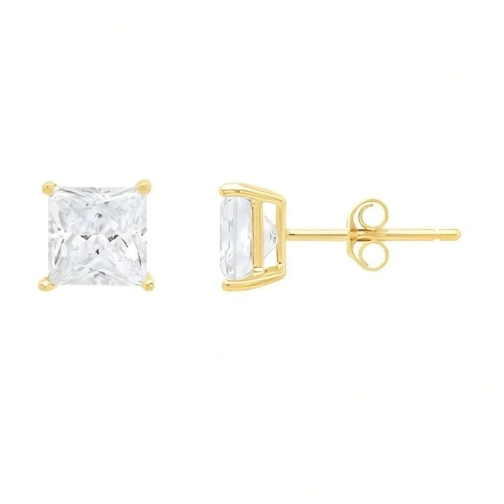 Paris Jewelry 18k Yellow Gold 2 Pair Created White Sapphire 4mm 6mm Round and Princess Cut Stud Earrings Plated Image 3