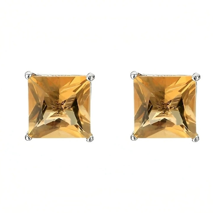 Paris Jewelry 18k White Gold 2 Pair Created Citrine 4mm 6mm Round and Princess Cut Stud Earrings Plated Image 3