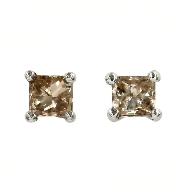 Paris Jewelry 18k White Gold 2 Pair Created Champagne 4mm 6mm Round and Princess Cut Stud Earrings Plated Image 3